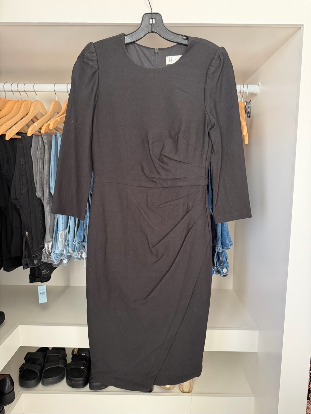 Harper Black Midi Sheath Dress with Subtle Draping